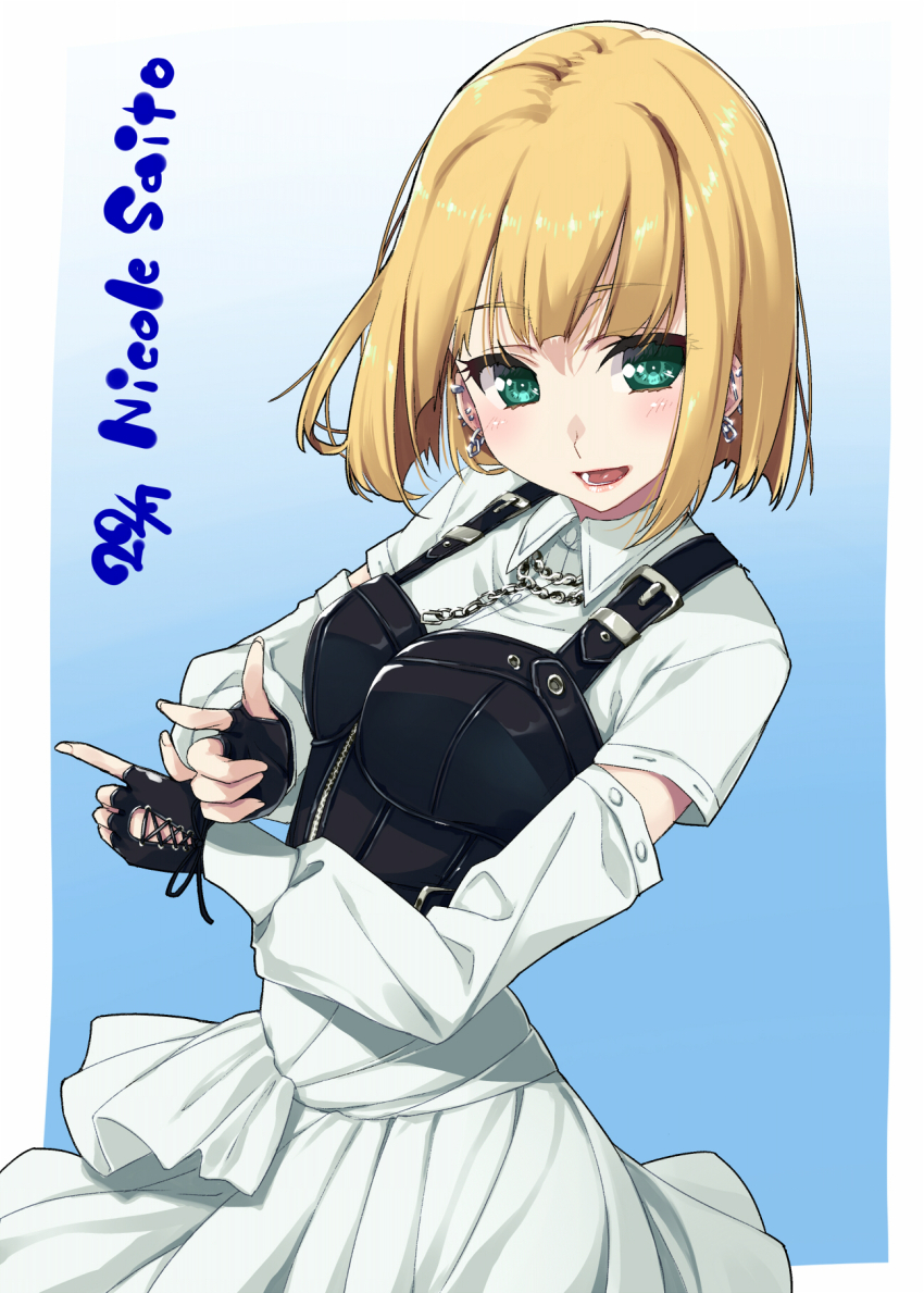 1girl 22/7 belt belt_buckle black_belt black_gloves blonde_hair blue_background bob_cut bodice border buckle character_name collared_dress copyright_name cowboy_shot dancing dress earrings finger_gun fingerless_gloves gloves gradient_background green_eyes highres inverted_bob jewelry kisairo_kaede long_sleeves no_hairband open_mouth outside_border rock_wa_shinanai saito_nicole short_hair smile solo standing three-quarter_sleeves white_border white_dress