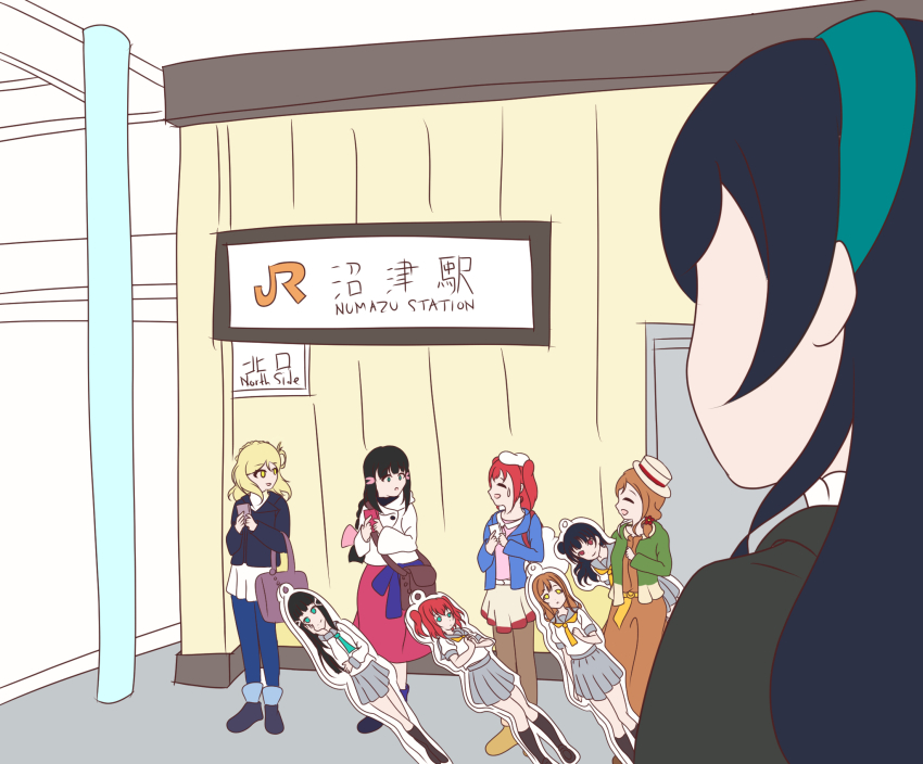 5girls april_fools aqua_eyes aqua_neckerchief black_boots black_hair black_jacket blonde_hair blue_jacket blue_pants blunt_bangs boots bow bowtie braid breasts brown_dress brown_skirt cardigan cellphone character_charm charm_(object) commentary crown_braid dress elbow_carry flawros flower green_jacket grey_sailor_collar grey_skirt hair_flower hair_ornament hair_petal hair_rings hairclip hat highres holding holding_phone hop?_stop?_nonstop! jacket kunikida_hanamaru kurosawa_dia kurosawa_ruby leather leather_jacket long_dress long_hair long_sleeves love_live! love_live!_sunshine!! love_live!_sunshine!!_the_school_idol_movie_over_the_rainbow low_twintails medium_breasts medium_hair miniskirt mole mole_under_mouth multiple_girls neckerchief numazu ohara_mari open_clothes open_jacket orange_bow orange_bowtie outdoors pants phone pink_shirt pleated_skirt purple_bag real_world_location red_hair red_neckerchief sailor_collar school_uniform shirt single_hair_ring skirt smartphone standing sweater symbol-only_commentary tsushima_yoshiko turtleneck turtleneck_sweater twintails two_side_up uranohoshi_school_uniform white_hat white_jacket white_shirt white_sweater winter_uniform yellow_cardigan