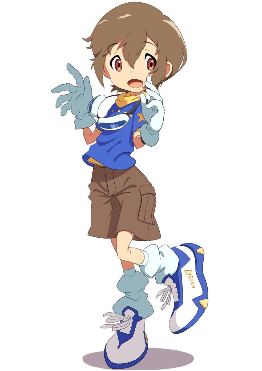 1girl cosplay digimon female_focus highres open_mouth shadow shorts smile solo yagami_hikari yagami_taichi yagami_taichi_(cosplay)