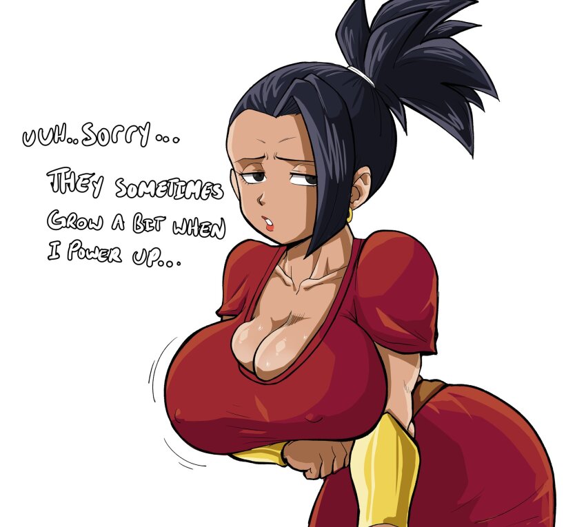alternate_body_size apologizing arm_under_breasts awkward bent_over black_eyes black_hair bouncing_breasts breasts covered_erect_nipples dragon_ball dragon_ball_super earrings english_text grabbing_own_breast hairband hanging_breasts high_ponytail highres jewelry kale_(dragon_ball) large_breasts ponytail pseudocel red_lips red_shirt red_skirt shirt skirt spiked_hair sweatdrop tight_clothes vambraces white_background