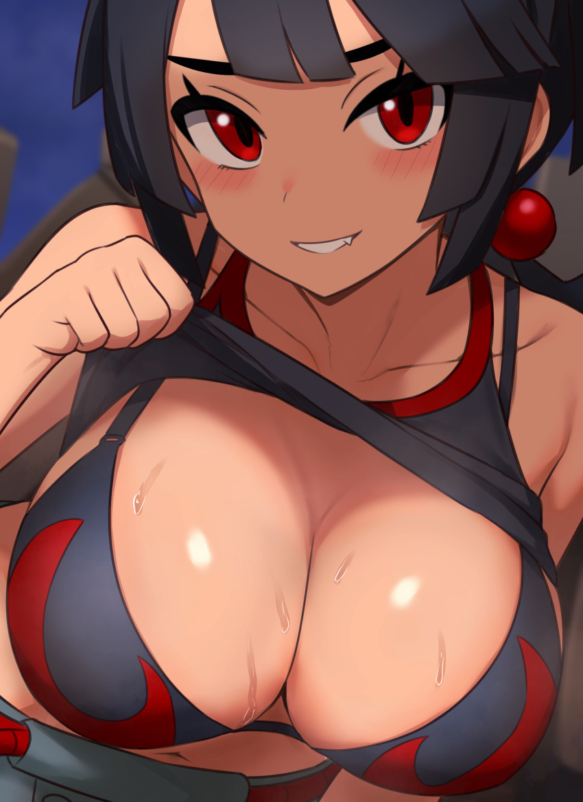 1girl absurdres breasts cleavage grin highres i_b_(yaun2242) large_breasts lifting_own_clothes looking_at_viewer nintendo pokemon pokemon_oras smile solo steaming_body sweat zinnia_(pokemon)