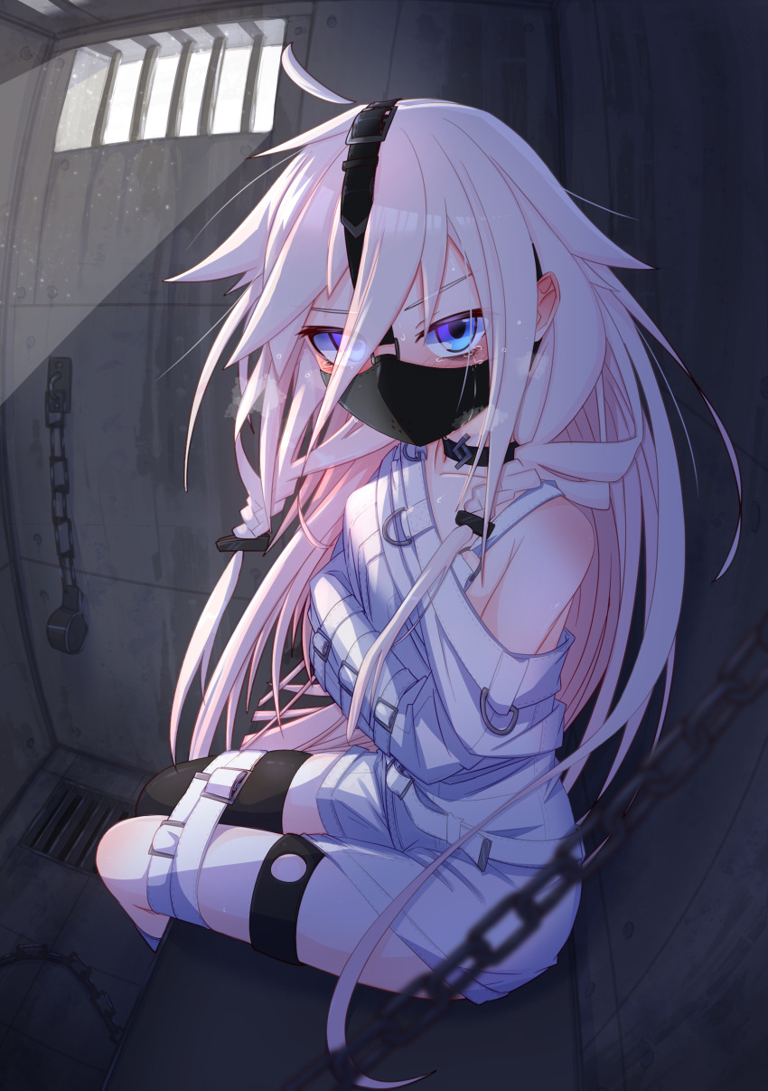1girl absurdres barred_window blue_eyes blush bound bound_arms bound_legs chain choker collarbone commentary_request gag gagged highres ia_(vocaloid) indoors long_hair looking_at_viewer menou_74 panel_gag pink_hair prison_cell single_bare_shoulder single_thighhigh sitting solo straitjacket tearing_up thighhighs vocaloid
