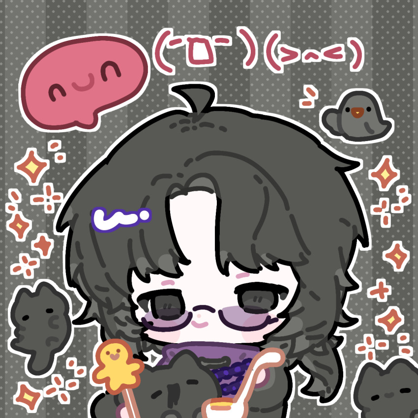 1boy ahoge bird black_eyes black_hair black_jacket blush_stickers cat chibi chibi_only chinese_commentary closed_mouth commentary_request curtained_hair emoticon highres huai_yunqing jacket kaomoji ladle luren948 male_focus medium_hair outline parted_bangs purple-tinted_eyewear purple_shirt semi-rimless_eyewear shirt smile solo sparkle speech_bubble spoken_expression striped_background tinted_eyewear touqi_guaitan white_outline