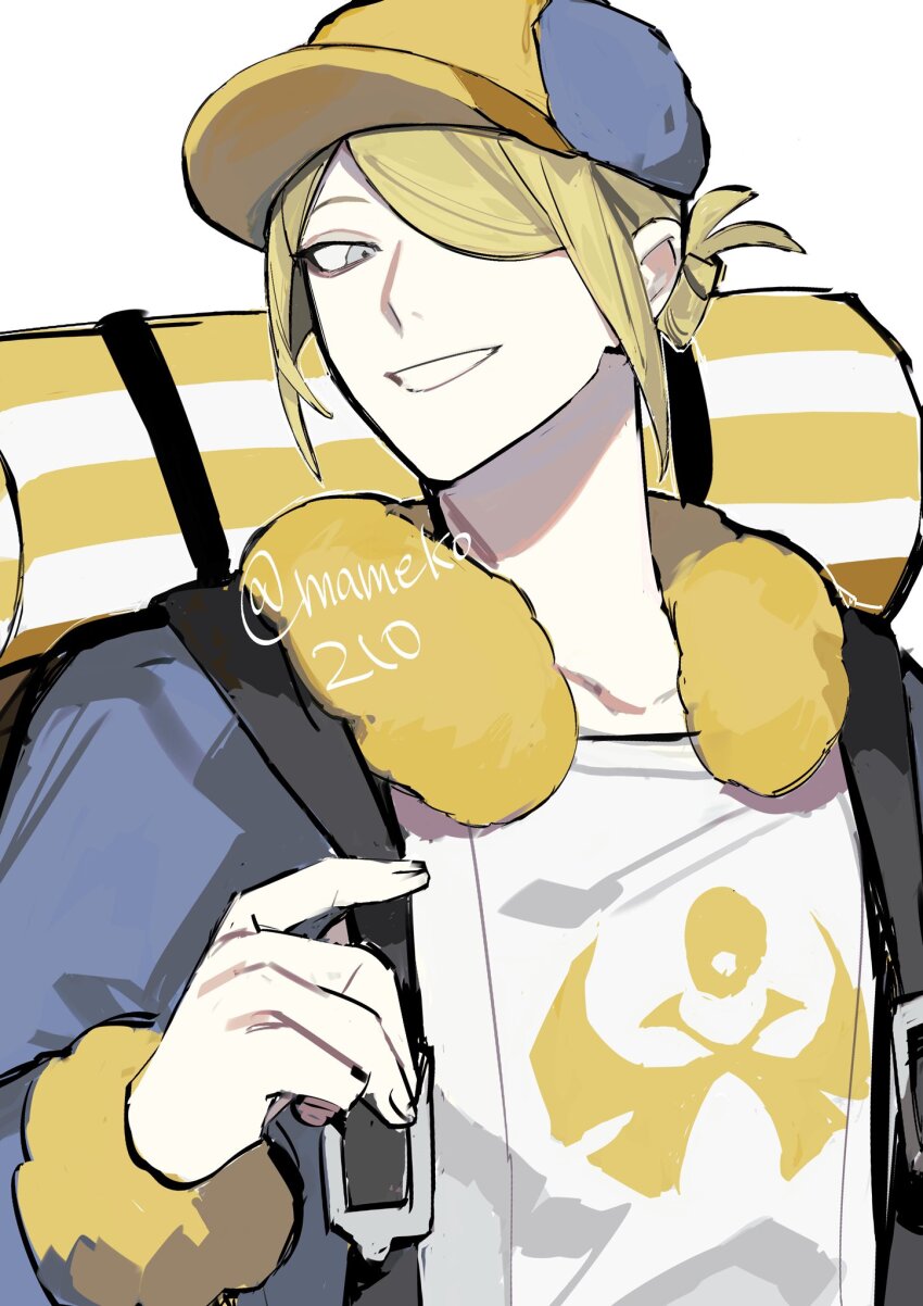 1boy collarbone commentary_request edamameko210 fur-trimmed_sleeves fur_trim ginkgo_guild_uniform grin hair_over_one_eye hat highres looking_to_the_side male_focus newsboy_cap nintendo one_eye_covered pokemon pokemon_legends:_arceus sideways_glance smile solo teeth upper_body volo_(pokemon) white_background yellow_fur