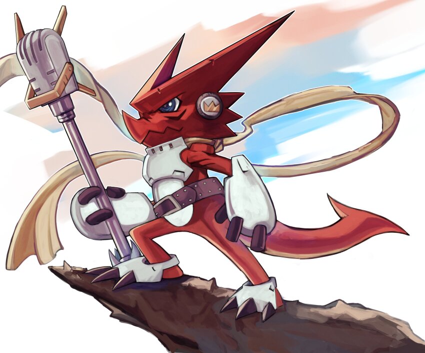 absurdres armor arupg blue_eyes breastplate colored_skin digimon digimon_(creature) dragon full_body highres holding holding_microphone microphone red_skin scarf shoutmon_king_ver. solo standing white_background yellow_scarf
