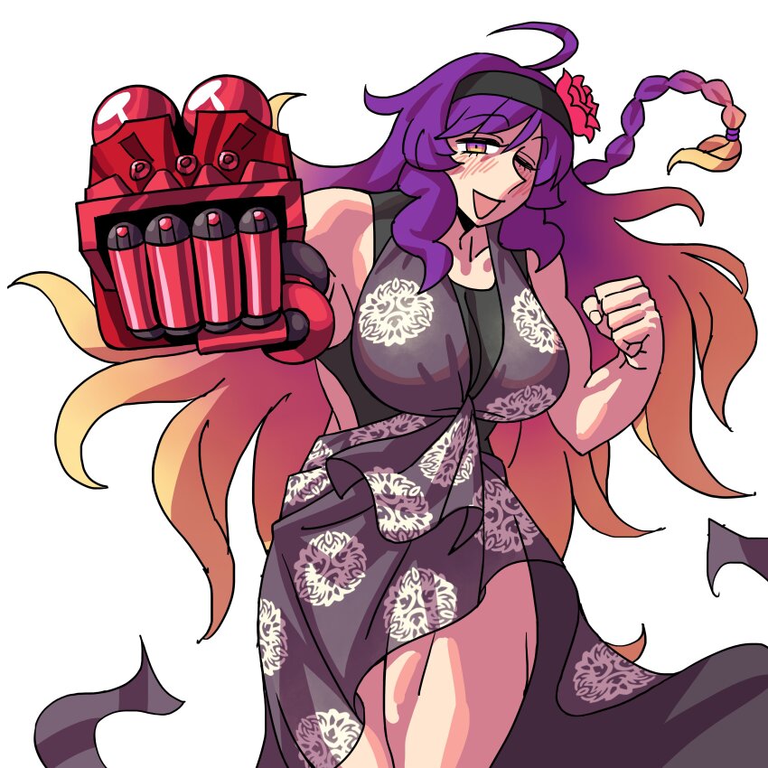 1girl ;d absurdres ahoge black_dress black_hairband black_one-piece_swimsuit blush braid brown_eyes commentary dress eddybird55555 flower gloves gradient_hair hairband highres hijiri_byakuren hijiri_byakuren_(yao_bikuni_unleashed) long_hair looking_at_viewer multicolored_hair one-piece_swimsuit one_eye_closed open_mouth purple_hair red_flower side_braid smile solo swimsuit touhou touhou_lostword white_background