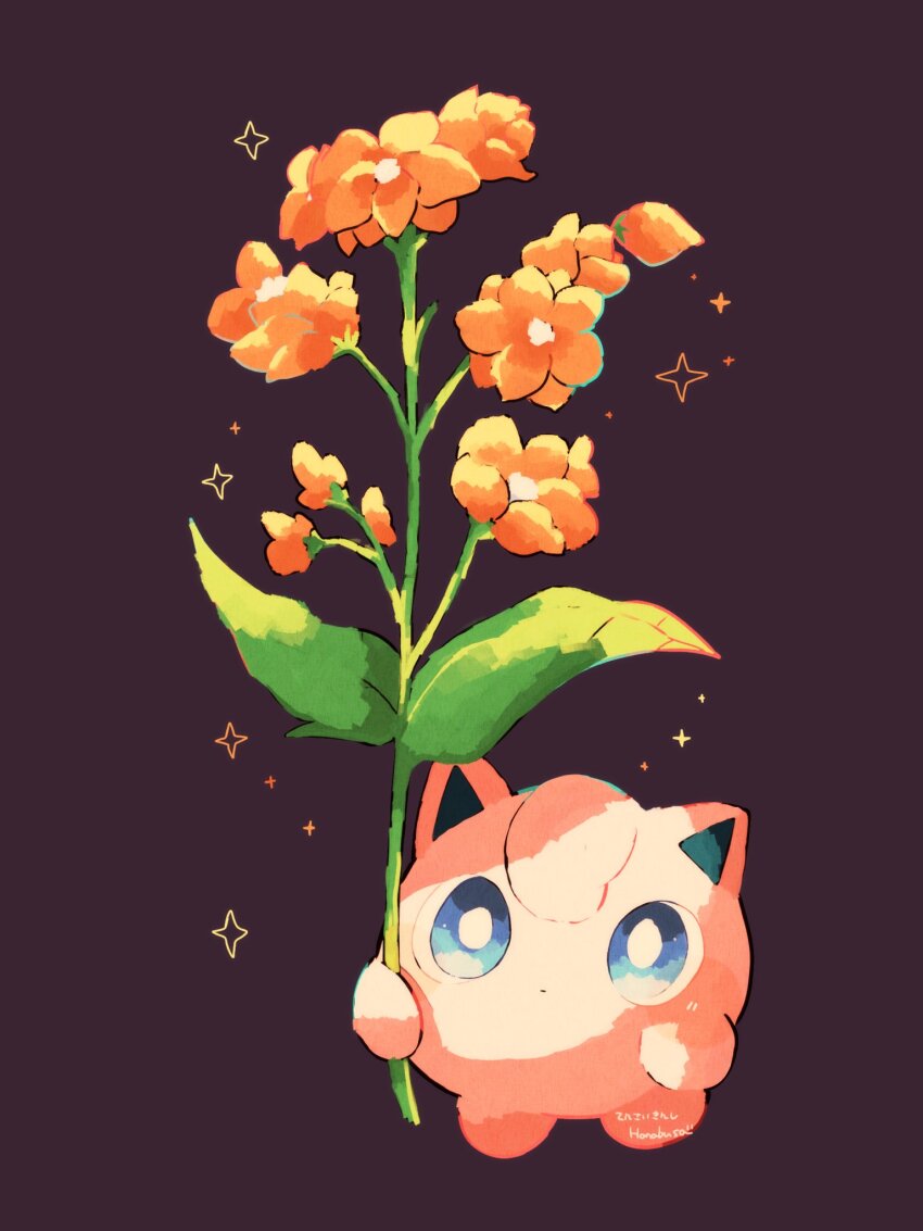 blue_eyes flower gen_1_pokemon hanabusaoekaki highres holding jigglypuff nintendo no_humans pokemon pokemon_(creature) purple_background signature simple_background solo