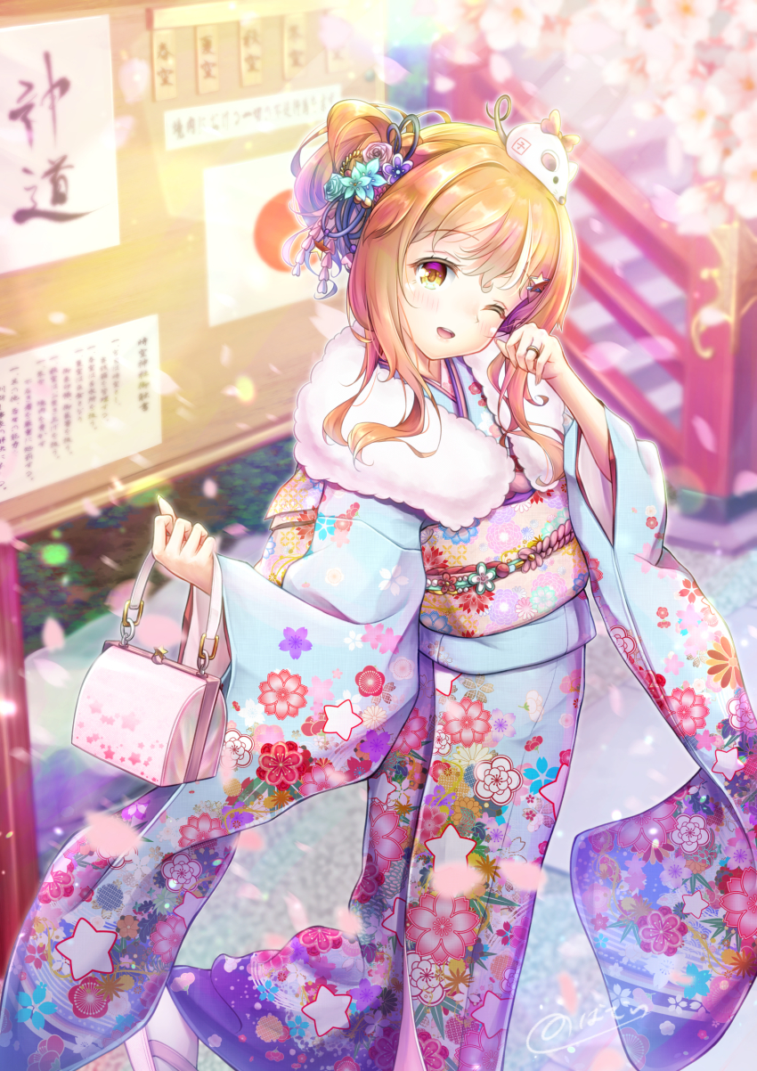 1boy ;d bag blue_kimono cherry_blossoms day floral_print flower furisode geta hair_flower hair_ornament handbag highres japanese_clothes jewelry kimono light_rays long_sleeves looking_at_viewer male_focus natsusora_wakana new_year novady obi one_eye_closed open_mouth orange_eyes orange_hair original outdoors petals ring sash seigaiha smile solo standing star_(symbol) star_hair_ornament tabi trap wide_sleeves