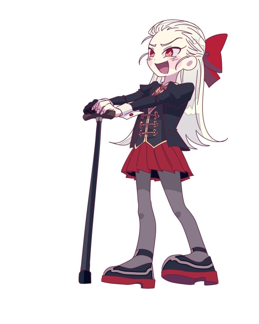 1girl :d aged_down akagi:_yami_ni_oritatta_tensai black_gloves black_jacket black_shoes black_vest bow commentary_request fang fingernails fukumoto_mahjong full_body genderswap genderswap_(mtf) gloves grey_pantyhose hair_bow hair_slicked_back hand_on_cane highres jacket juliet_sleeves korean_commentary long_hair long_sleeves looking_afar muuumin open_mouth pantyhose pleated_skirt puffy_sleeves red_bow red_eyes red_skirt shoes simple_background single_glove skirt smile solo standing vest washizu_iwao white_background white_hair