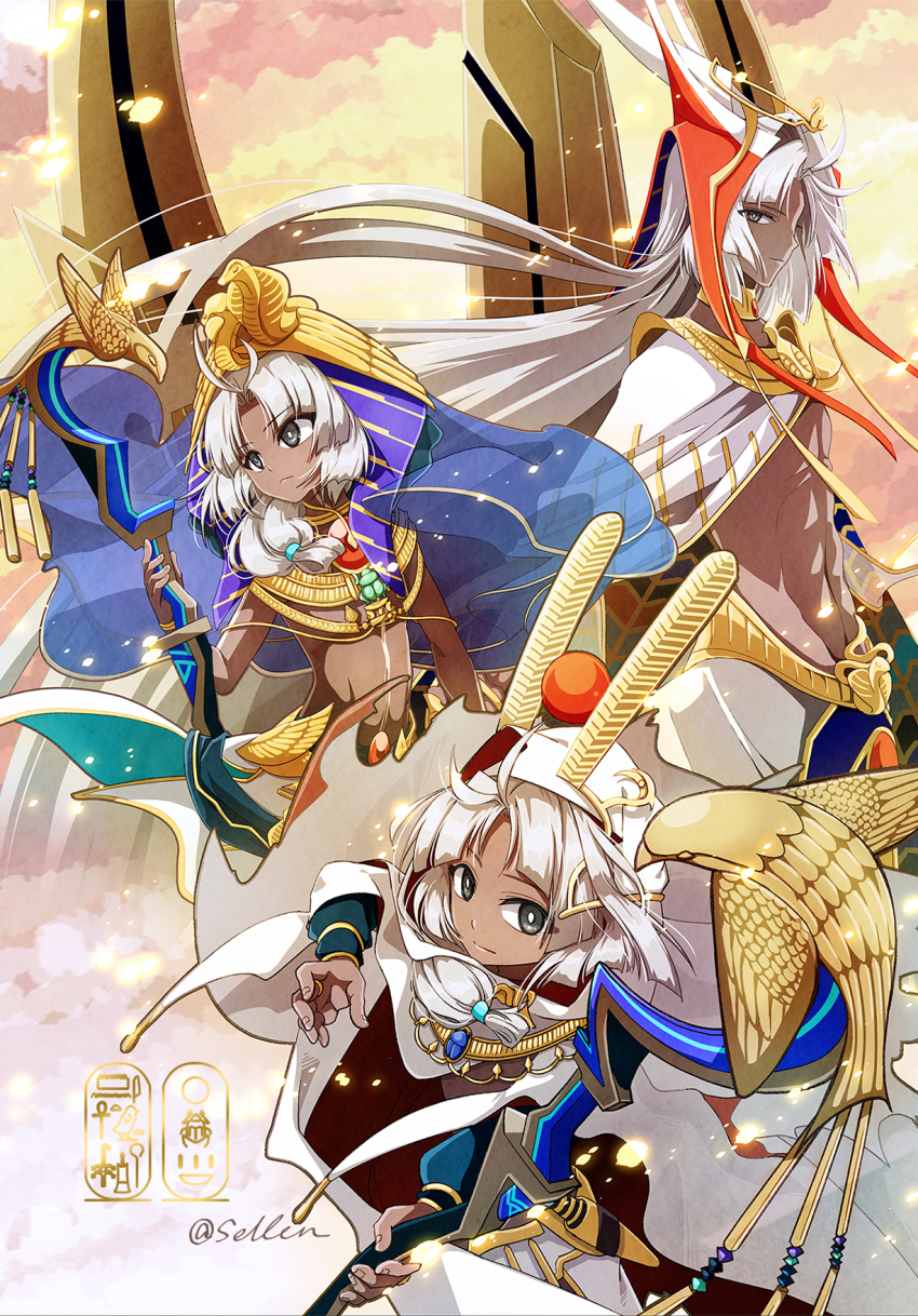 ahoge ancient_egyptian_clothes body_markings cloak dark-skinned_male dark_skin fate/grand_order fate_(series) grey_eyes grey_hair highres holding holding_staff hood hooded_cloak long_hair male_focus scarab sellen staff tutankhamun_(fate) tutankhamun_(first_ascension)_(fate) tutankhamun_(second_ascension)_(fate) tutankhamun_(third_ascension)_(fate) twitter_username