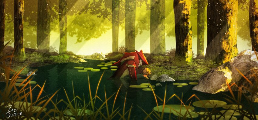 2boys blonde_hair colored_skin commentary_request eye_contact fins fish_boy gills grass green_theme head_fins highres interspecies light_rays lily_pad link looking_at_another lying male_focus multiple_boys nintendo on_back outdoors red_skin rock sidon smile sunbeam sunlight teto_ten the_legend_of_zelda the_legend_of_zelda:_breath_of_the_wild tree twitter_username water yaoi zora
