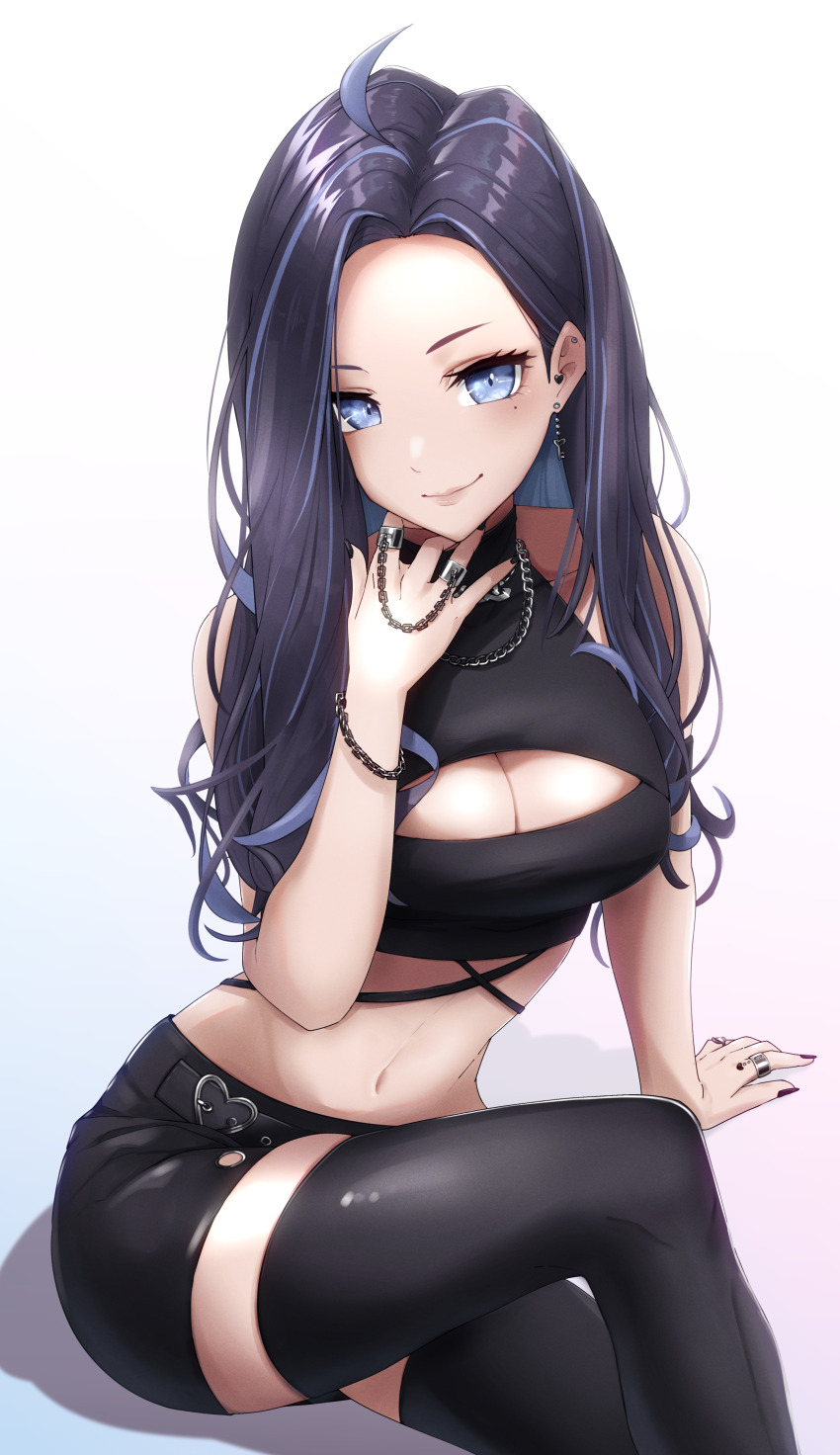 1girl absurdres ahoge black_nails black_shirt black_shorts black_thighhighs blue_hair breasts cleavage cleavage_cutout clothing_cutout colored_inner_hair highres hirome99 kson kson_(kimono) large_breasts looking_at_viewer mole mole_under_eye multicolored_hair nail_polish purple_hair shirt shorts sleeveless sleeveless_shirt smile solo thighhighs virtual_youtuber vshojo