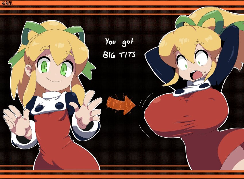 1girl android arms_behind_head arms_up blonde_hair boots breast_expansion breasts covered_erect_nipples dress fruithead green_eyes green_ribbon hair_ribbon happy highres huge_breasts long_hair long_sleeves looking_at_viewer mega_man_(classic) mega_man_(series) open_mouth oppai_loli ponytail red_boots red_dress retro_artstyle ribbon roll_(mega_man) shirt sidelocks skirt smile solo surprised sweat taut_clothes taut_shirt teeth thick_eyebrows upper_teeth_only