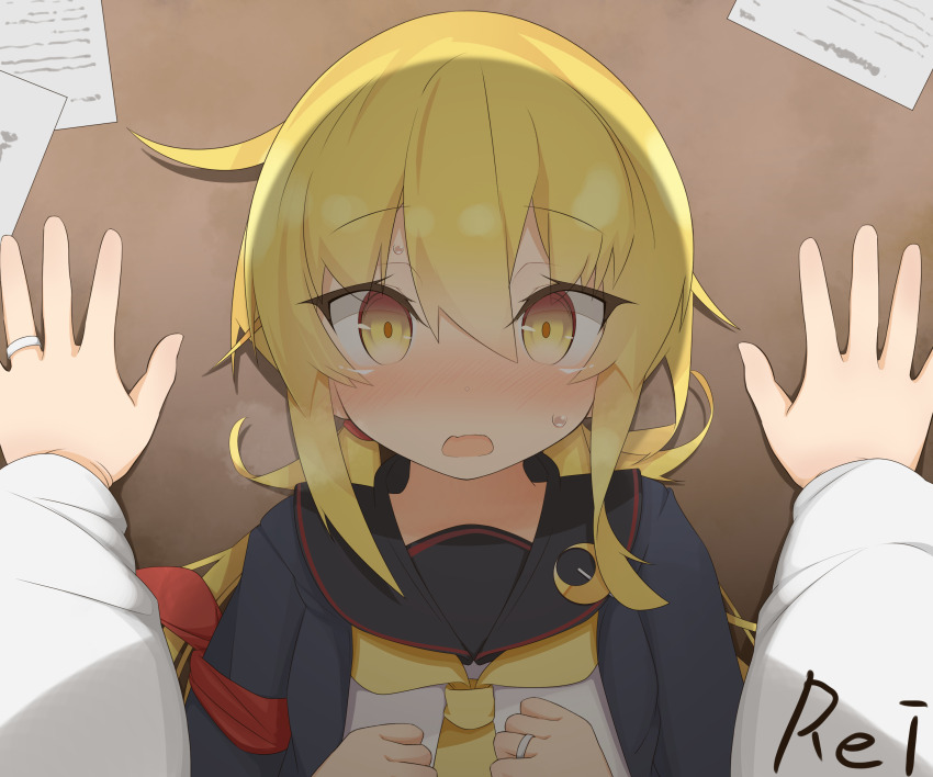 1girl 1other absurdres artist_name black_jacket black_sailor_collar blonde_hair crescent crescent_pin etsuransha_no_rei highres jacket kabedon kantai_collection long_hair looking_at_viewer low_twintails neckerchief pov sailor_collar satsuki_(kancolle) satsuki_kai_ni_(kancolle) school_uniform serafuku shirt twintails upper_body white_shirt yellow_eyes yellow_neckerchief