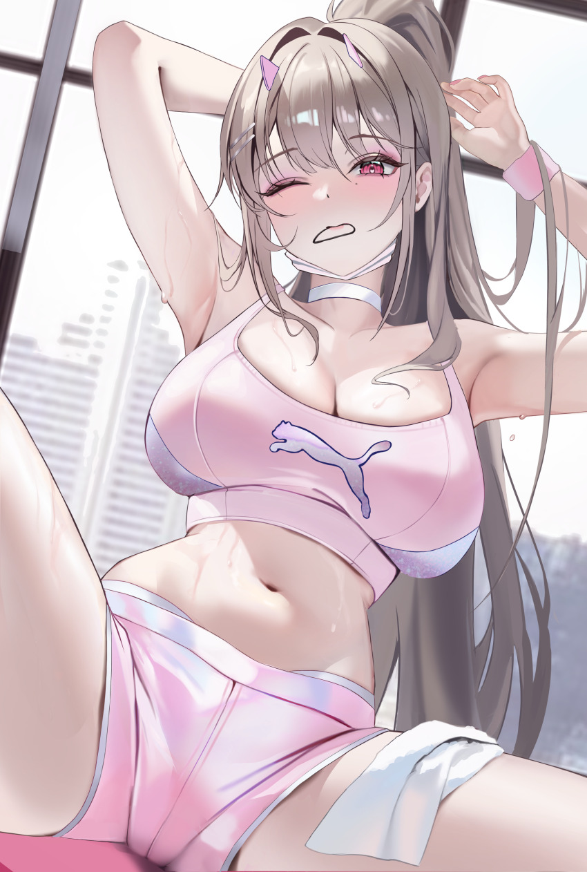 1girl absurdres armpits arms_up bare_shoulders black_hairband blonde_hair blush breasts brown_hair choker cleavage commentary english_commentary goddess_of_victory:_nikke hair_ornament hairband highres horns large_breasts long_hair looking_at_viewer midriff mole mole_under_eye navel one_eye_closed pink_eyes pink_shorts pink_sports_bra ponytail puma_(brand) red_eyes shorts solo sports_bra sportswear thighs uyuri_(89976220) viper_(nikke) wristband