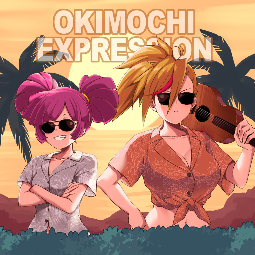 2girls absurdres breasts buro_(muse_dash) bush cleavage collarbone crossed_arms fang guitar hawaiian_shirt highres hisakabe_oto instrument knot large_breasts looking_at_viewer mountain multicolored_hair multiple_girls muse_dash navel orange_hair palm_tree pink_hair rin_(muse_dash) serious shirt short_hair small_breasts smile streaked_hair sunglasses sunset teeth tied_shirt tree twintails upper_body