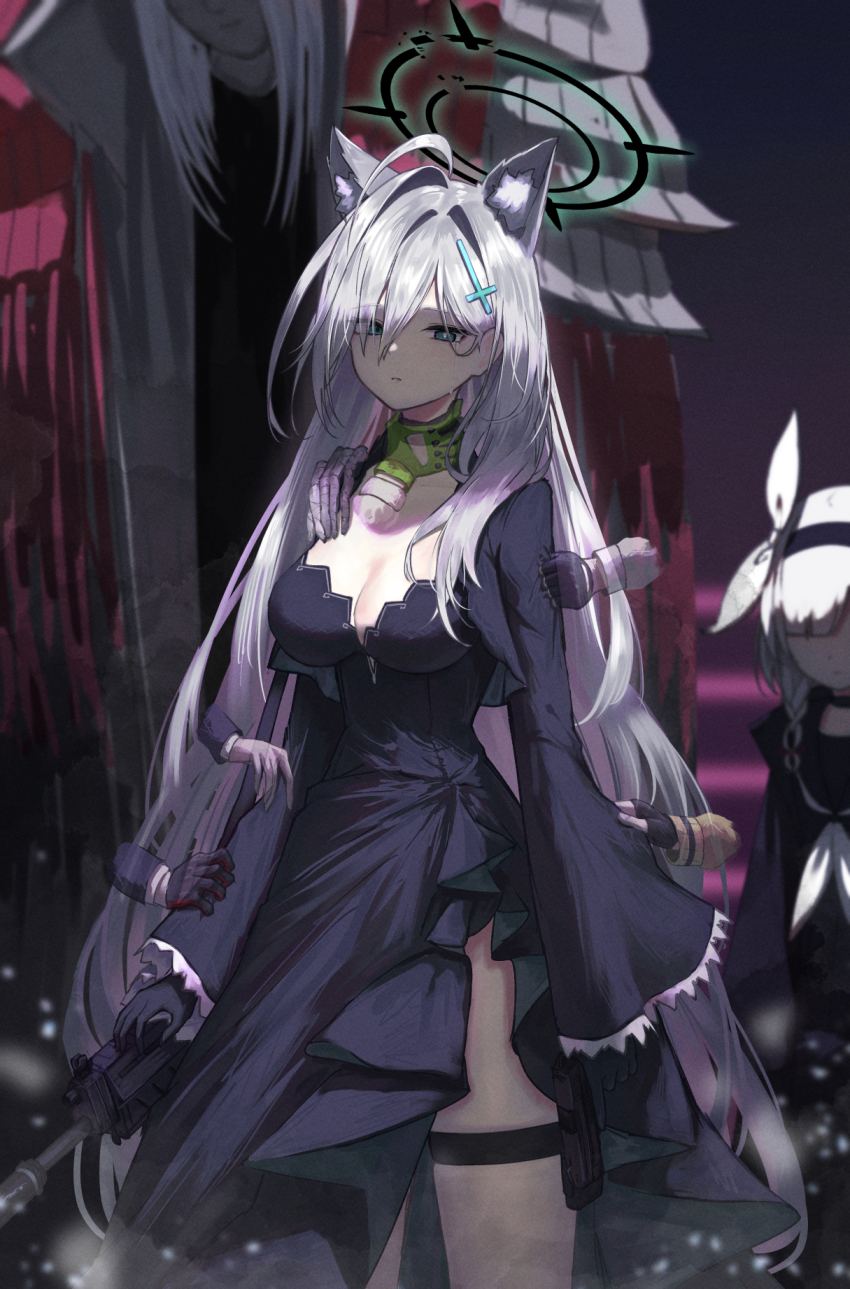 1boy 2girls 3ni3ni animal_ear_fluff animal_ears assault_rifle ayane_(blue_archive) black_dress blue_archive blue_eyes breasts cross_hair_ornament dark_halo dress extra_ears grey_hair gun hair_ornament halo highres hoshino_(blue_archive) large_breasts long_hair long_sleeves mismatched_pupils multiple_girls nonomi_(blue_archive) phrenapates_(blue_archive) plana_(blue_archive) rifle serika_(blue_archive) shiroko_(blue_archive) shiroko_terror_(blue_archive) sig_sauer sig_sauer_556 thigh_strap weapon wolf_ears