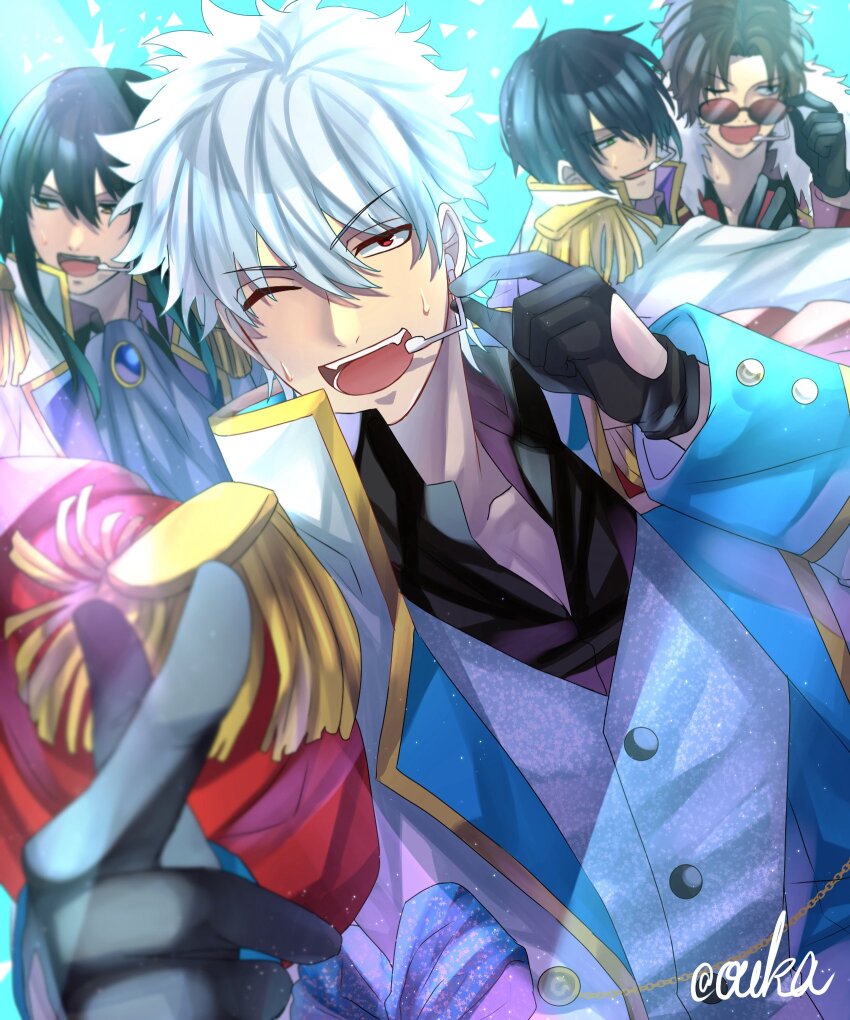4boys :d ;d alternate_costume ascot black_gloves black_hair black_shirt brooch brown_hair collarbone collared_shirt commentary commentary_request dress_shirt epaulettes fangs gintama gloves green_eyes grey_ascot grey_hair hair_between_eyes hair_over_one_eye headset highres jacket jewelry katsura_kotarou long_hair long_sleeves looking_at_viewer male_focus multiple_boys one_eye_closed open_clothes open_jacket open_mouth oukasakata pointing popped_collar red_eyes sakamoto_tatsuma sakata_gintoki shirt signature smile sunglasses sweat takasugi_shinsuke upper_body v-shaped_eyebrows vest white_jacket white_vest