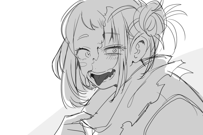 1girl blunt_bangs boku_no_hero_academia double_bun fangs greyscale hair_bun highres messy_hair mommorua monochrome open_mouth sidelocks solo toga_himiko tongue tongue_out transformation