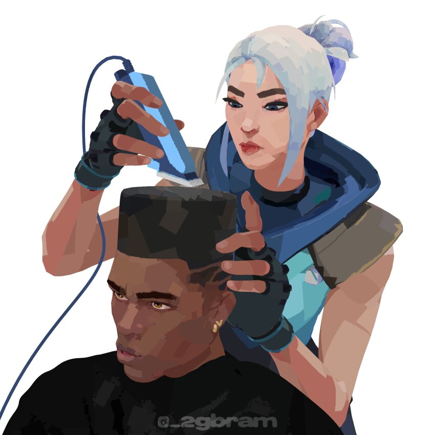 1boy 1girl 2gbram barber black_hair blue_eyes blue_jacket brown_eyes choso_giving_toudou_a_haircut_(meme) closed_mouth dark-skinned_male dark_skin earrings fade_(haircut) gold_earrings hair_bun hair_clipper highres holding jacket jett_(valorant) jewelry kinky_hair loose_hair_strand meme phoenix_(valorant) red_lips simple_background single_hair_bun sitting sleeveless sleeveless_jacket standing twitter_username upper_body valorant white_background white_hair