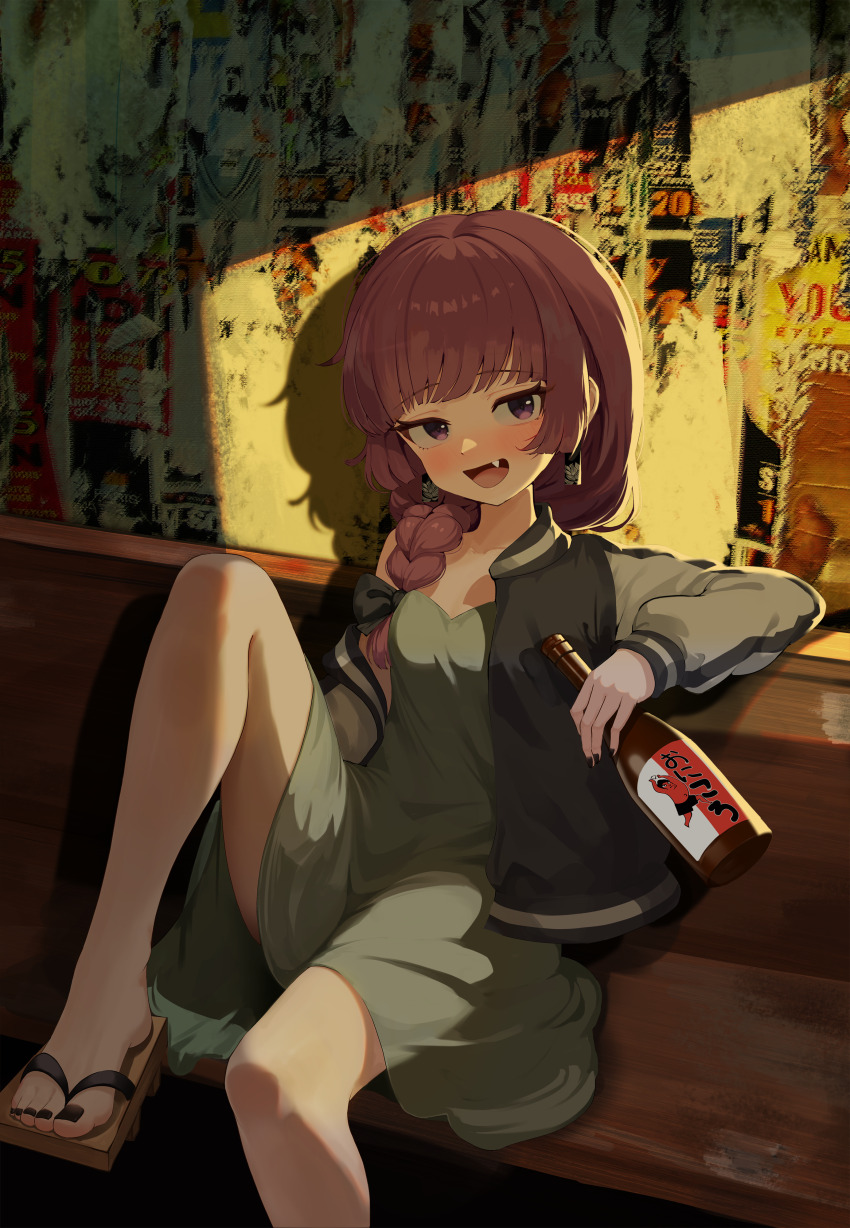 1girl :d absurdres agm bare_legs bench black_bow black_jacket black_nails bocchi_the_rock! bottle bow braid braided_ponytail breasts brown_sandals collarbone crack_of_light dress earrings fang geta green_dress hair_bow highres hiroi_kikuri holding holding_bottle jacket jewelry low_ponytail multicolored_jacket nail_polish open_mouth outdoors ponytail purple_eyes purple_hair raised_eyebrows sake_bottle sandals shadow single_off_shoulder sitting sleeveless sleeveless_dress small_breasts smile solo toenail_polish toenails track_jacket two-tone_jacket white_jacket wooden_bench