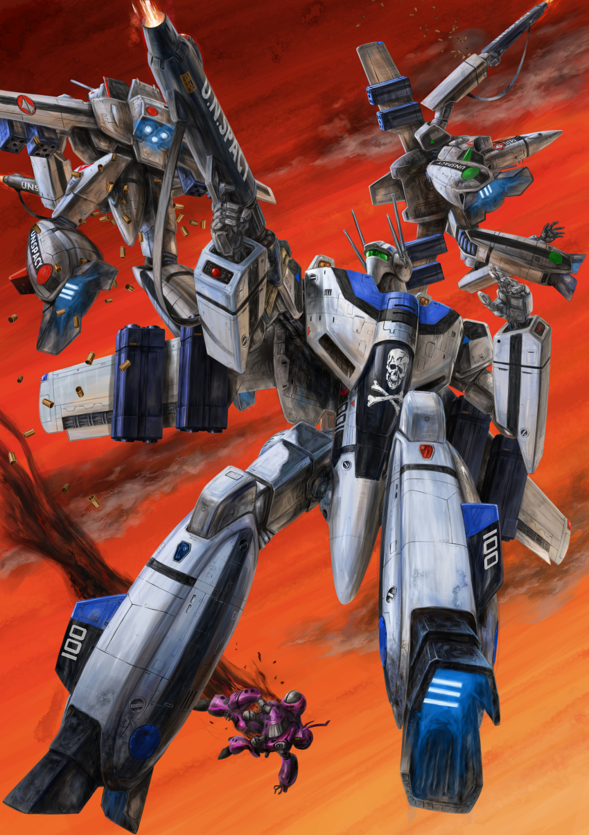 1980s_(style) absurdres alien antennae armor battle cloud commentary_request damaged derivative_work dirty energy_cannon falling firing flying gerwalk gunpod highres huge_filesize ichijou_hikaru jolly_roger kakizaki_hayao macross macross:_do_you_remember_love? maximilian_jenius mecha mecha_focus meltrandi missile missile_pod official_style oldschool orange_sky power_armor queadluun-rau realistic retro_artstyle robot sky smoke takani_yoshiyuki_(style) thrusters vf-1 vf-1a vf-1j zandan_zero_to_na!? zentradi
