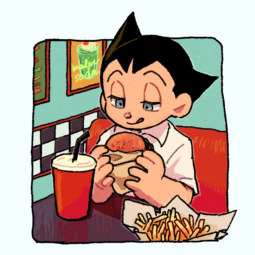 1boy atom_(tetsuwan_atom) black_hair blue_eyes burger commentary_request cup disposable_cup drinking_straw food french_fries highres holding holding_burger holding_food humanization male_focus marias_(harako) portrait_(object) smile solo tetsuwan_atom tongue tongue_out twitter_username upper_body
