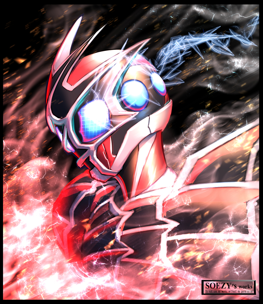 1boy armor asymmetrical_armor black_gloves blue_eyes dark_foreground gloves glowing glowing_eyes highres kamen_rider kamen_rider_demons kamen_rider_revice male_focus silk soezy spider_genome spider_web spider_web_print tokusatsu