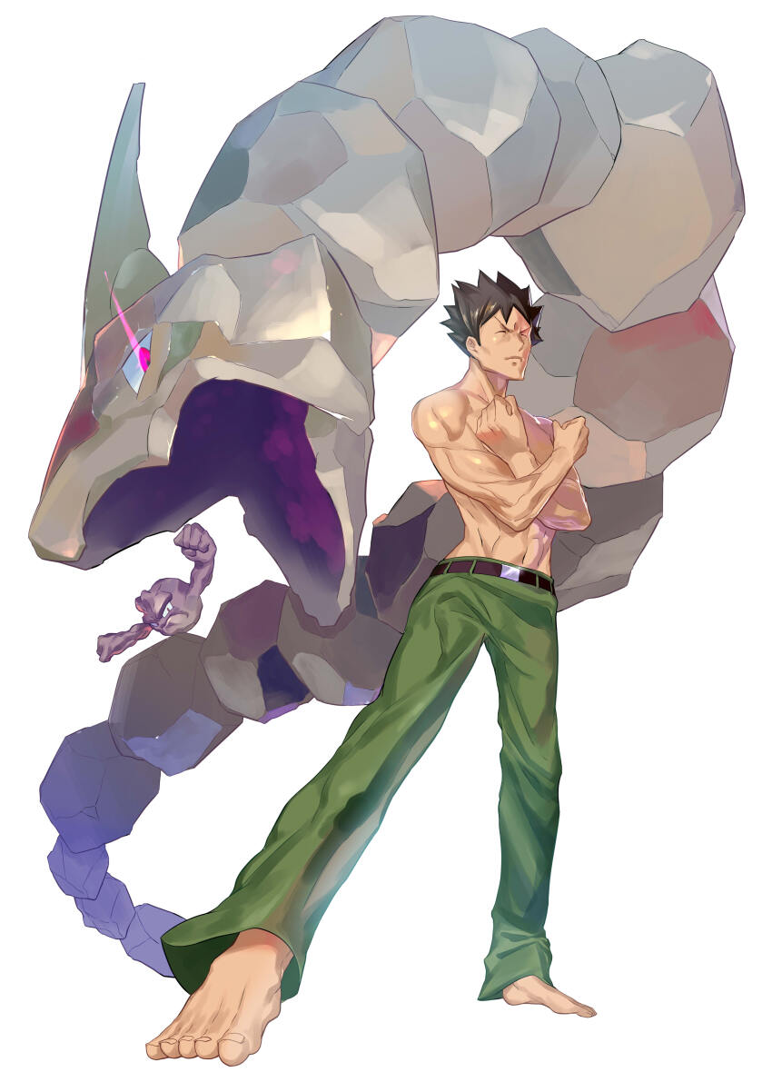 absurdres brown_hair closed_eyes commentary_request dark-skinned_male dark_skin gen_1_pokemon geodude glowing glowing_eyes green_pants highres male_focus muscular muscular_male nintendo onix pants pokemon pokemon_(creature) pokemon_rgby purple_eyes rock simple_background spiked_hair topless_male ukimukai white_background