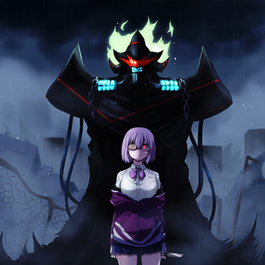 1boy 1girl absurdres alexis_kerib bow bowtie breasts broken_glass cardigan cityscape fence fire glass glowing glowing_eye gridman_universe highres holding holding_weapon jacket knife large_breasts light_purple_hair long_sleeves looking_at_viewer night off_shoulder purple_bow purple_bowtie purple_jacket rain re--ji red-framed_eyewear red_eyes school_uniform shinjou_akane short_hair skirt sleeves_past_wrists ssss.gridman weapon wet white_cardigan