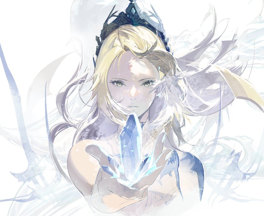 1girl blonde_hair cofffee eyelashes final_fantasy final_fantasy_xvi highres ice ice_crystal jill_warrick long_hair looking_at_viewer outstretched_arm pale_skin shiva_(final_fantasy) solo tiara upper_body