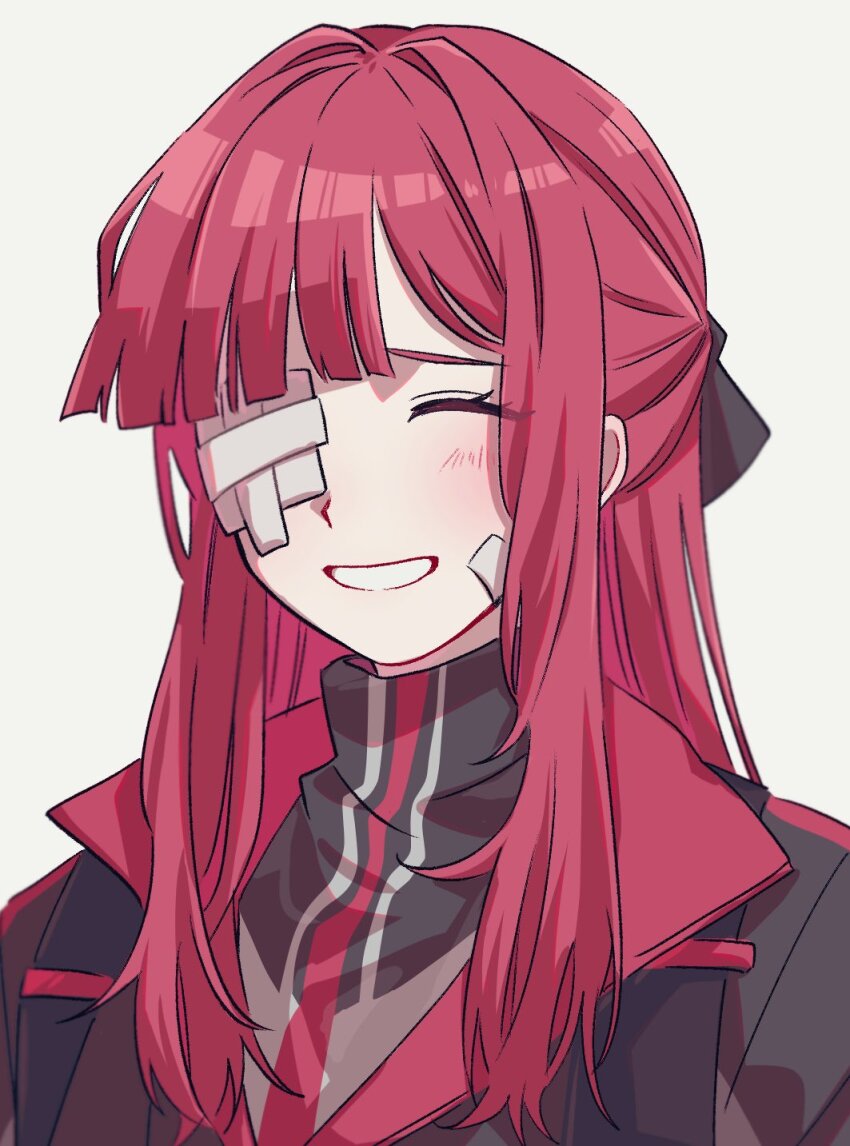1girl bandaid bandaid_on_eye bandaid_on_face blunt_bangs blush closed_eyes eipenor grin hair_over_shoulder highres jacket limbus_company nervous popped_collar portrait project_moon red_hair red_trim sidelocks simple_background smile solo white_background yuri_(project_moon)