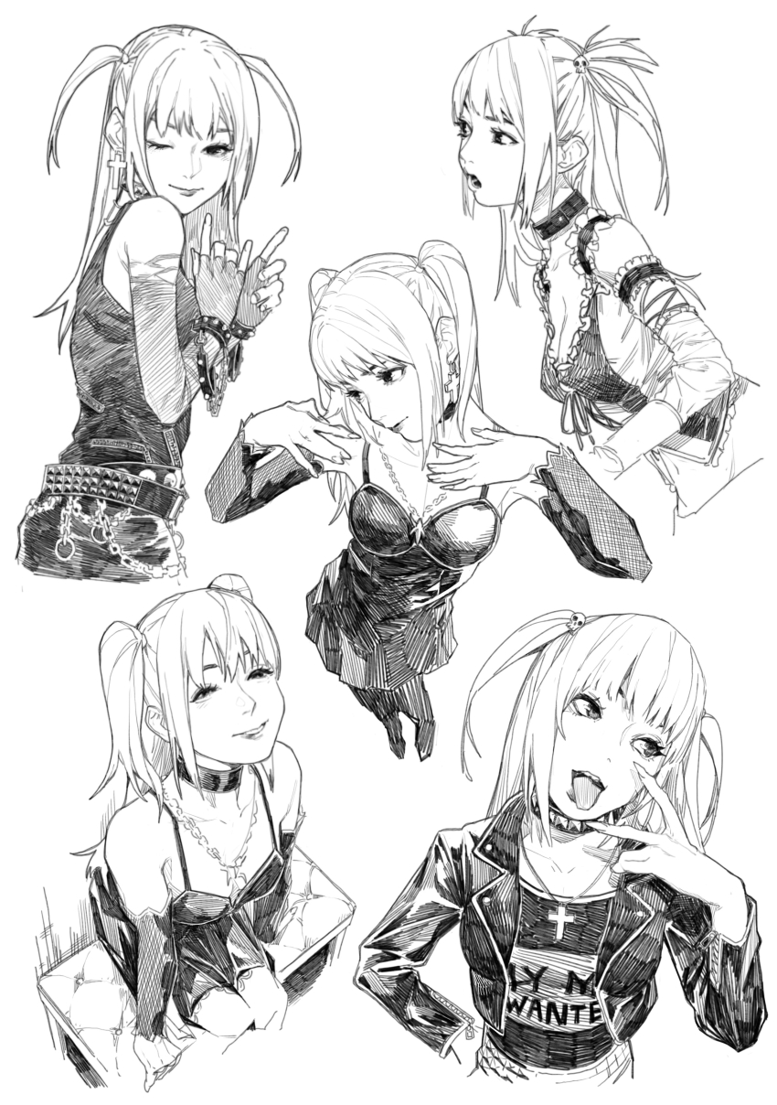 1girl :p absurdres amane_misa bare_shoulders belt black_dress black_footwear bracelet breasts chain choker cleavage collar commentary cropped_jacket cross cross_earrings cross_necklace death_note detached_sleeves dress earrings english_commentary fingerless_gloves fleur-de-lis full_body gloves goth_fashion hair_ornament hand_on_own_hip hands_on_shoulders highres jewelry lace lace_gloves long_hair looking_at_viewer midriff monochrome necklace one_eye_closed open_mouth simple_background skull_hair_ornament smile squinting studded_belt studded_bracelet studded_choker tank_top tongue tongue_out two_side_up upper_body white_background zero808w