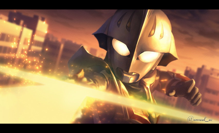 1boy alien black_skin building city cityscape cloud cloudy_sky colored_skin commentary_request dutch_angle energy_sword highres letterboxed looking_at_viewer male_focus outdoors outstretched_arm red_skin silver_skin sky solo sparkle sunset sword tokusatsu twitter_username ultra_series ultraman_nexus ultraman_nexus_(series) ultraman_nexus_junis unreal_es vambraces weapon yellow_eyes