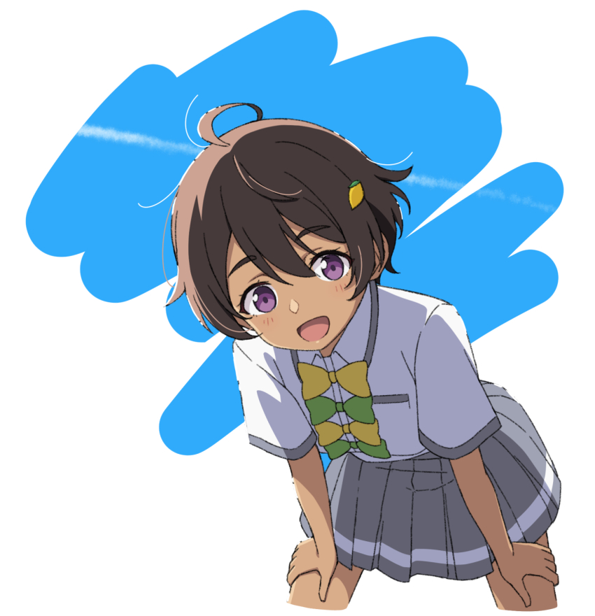 1girl :d ahoge black_hair blue_sky blush bow collared_shirt commentary_request contrail dress_shirt food-themed_hair_ornament green_bow grey_skirt hair_between_eyes hair_ornament hands_on_own_thighs heijialan highres leaning_forward lemon_hair_ornament looking_at_viewer make_heroine_ga_oo_sugiru! open_mouth pleated_skirt purple_eyes school_uniform shirt short_hair short_sleeves skirt sky smile solo white_background white_shirt yakishio_lemon yellow_bow