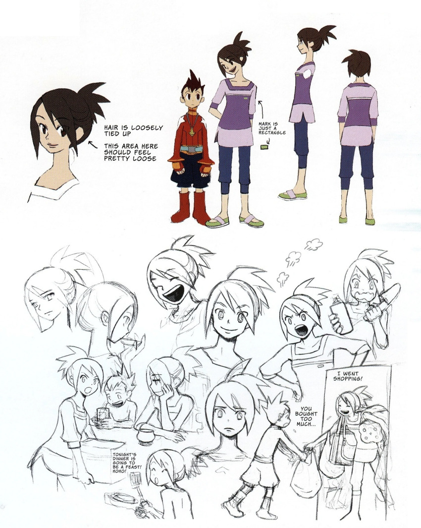 1boy 1girl breasts brown_eyes brown_hair capcom character_name reference_sheet desk english_text full_body geo_stelar_(mega_man) highres hope_stelar_(mega_man) long_hair looking_at_another mega_man_(series) mega_man_star_force_(series) mother_and_son multiple_views official_art ponytail sitting size_comparison size_difference sketch small_breasts smile