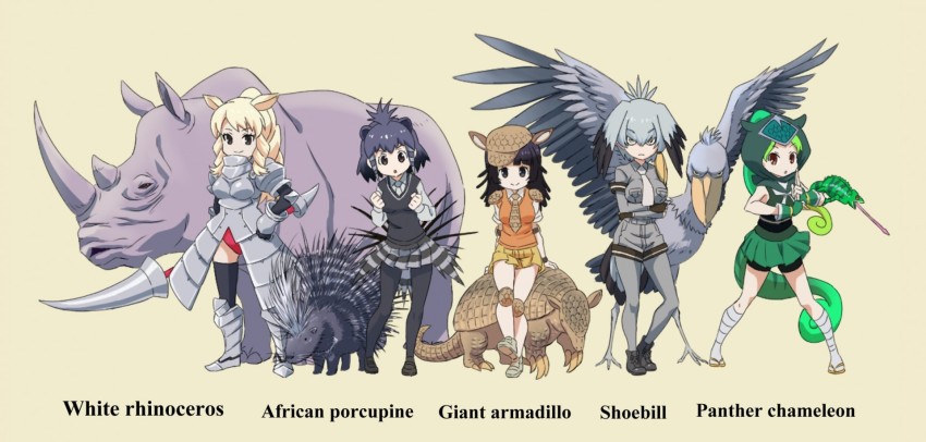 5girls :o animal_ears armadillo armadillo_ears armor armored_dress beige_background bike_shorts bike_shorts_under_skirt bird black_eyes black_footwear black_gloves black_legwear black_shorts black_sweater blonde_hair bob_cut brown_eyes brown_footwear brown_headwear brown_necktie cabbie_hat chameleon chameleon_tail clenched_hands closed_mouth collared_shirt commentary_request creature_and_personification crested_porcupine_(kemono_friends) dress english_text fingerless_gloves frown gauntlets giant_armadillo_(kemono_friends) gloves greaves green_hair green_shirt green_skirt grey_dress grey_footwear grey_gloves grey_hair grey_legwear grey_necktie grey_shirt grey_shorts grey_skirt hand_on_own_hip hat head_wings highres hood hood_up hooded_shirt kemono_friends kuji-in layered_sleeves leg_wrap leotard long_hair long_sleeves looking_at_viewer medium_hair miniskirt multicolored_hair multiple_girls name_connection neck_ribbon necktie ninja open_mouth orange_hair orange_sweater own_hands_together panther_chameleon_(kemono_friends) pantyhose pantyhose_under_shorts personification pleated_skirt porcupine porcupine_ears red_leotard rhinoceros rhinoceros_ears ribbon sandals shirt shoebill shoebill_(kemono_friends) shoes short_hair short_over_long_sleeves short_shorts short_sleeves shorts simple_background sitting_on_animal skirt sleeveless sleeveless_shirt smile standing sweater sweater_vest tail thighhighs v-neck v-shaped_eyes white_necktie white_rhinoceros_(kemono_friends) white_ribbon wings yamaguchi_yoshimi yellow_background yellow_sandals yellow_skirt