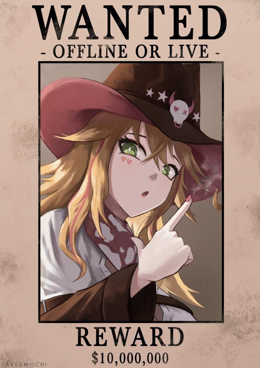 1girl animal_print artist_name bakedmochi bandana blonde_hair breasts bright_pupils brown_sleeves commentary cow_print cowboy_hat english_commentary english_text facial_mark finger_gun green_eyes hair_between_eyes hat heart heart_facial_mark highres lulu_lasso multicolored_hair nexas_(vtuber) pink_bandana pink_hair pink_nails second-party_source shirt solo streaked_hair virtual_youtuber wanted_poster white_pupils white_shirt