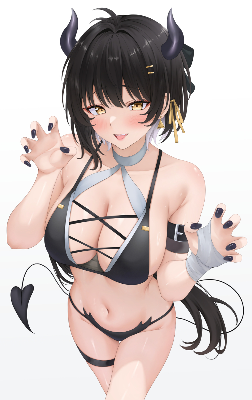 1girl absurdres antenna_hair bare_shoulders bikini black_hair black_nails black_tail blush breasts claw_pose cleavage colored_inner_hair commentary_request cross-laced_bikini cross-laced_clothes demon_tail earrings female_rover_(wuthering_waves) fingernails groin hair_ornament hair_ribbon hairclip hands_up highres jewelry large_breasts long_hair looking_at_viewer multicolored_hair nail_polish navel open_mouth paid_reward_available parallel_hairclips ribbon rover_(wuthering_waves) shinigami_kiraki simple_background smile solo stomach swimsuit tail thigh_strap thighs triangle_earrings very_long_hair white_background white_hair wuthering_waves yellow_eyes yellow_ribbon
