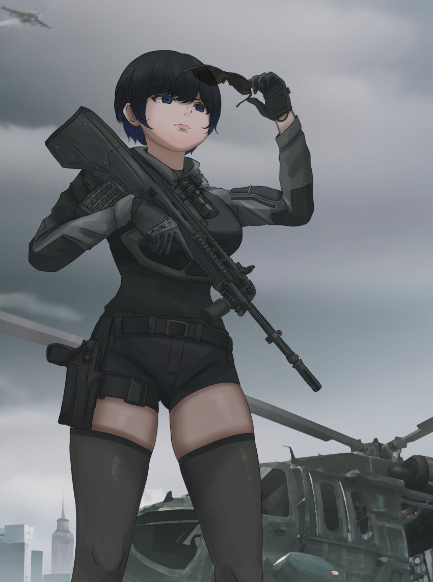 1girl absurdres aircraft airplane assault_rifle belt black_belt black_gloves black_hoodie black_shorts black_thighhighs building bullpup closed_mouth cloud cloudy_sky commentary dgkamikaze english_commentary fighter_jet gloves gun hand_up handgun helicopter highres holding holding_gun holding_weapon holster hood hoodie long_sleeves military_vehicle original pistol removing_eyewear rifle second-party_source shorts sky skyscraper solo standing steyr_aug steyr_aug_a3 sunglasses thighhighs uh-60_blackhawk weapon