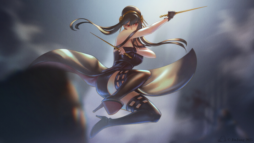 1girl bare_shoulders black_dress black_hair breasts cleavage dagger dress earrings flower gloves gold_earrings gold_hairband hair_ornament hairband highres holding holding_dagger holding_knife holding_weapon jewelry jinjung_b knife large_breasts long_hair looking_at_viewer red_eyes sidelocks solo spy_x_family stiletto_(weapon) two-sided_dress two-sided_fabric weapon yor_briar