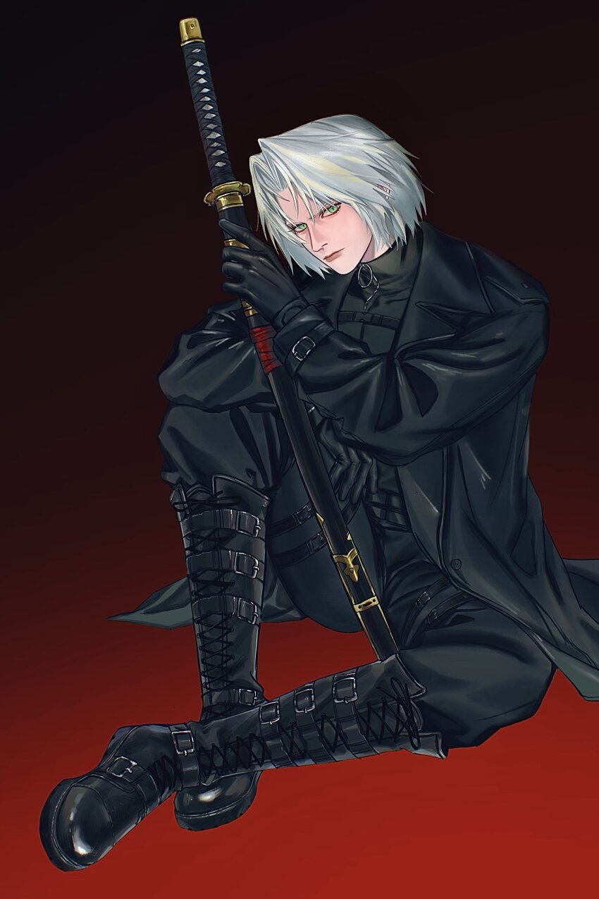 1boy aaamber_22 absurdres aqua_eyes black_boots black_gloves black_jacket black_pants black_shirt boots closed_mouth final_fantasy final_fantasy_vii final_fantasy_vii_ever_crisis gloves gradient_background grey_hair highres holding holding_sword holding_weapon jacket katana looking_at_viewer male_focus pants parted_bangs red_background sephiroth sephiroth_(ever_crisis) shirt short_hair sitting solo sword turtleneck weapon