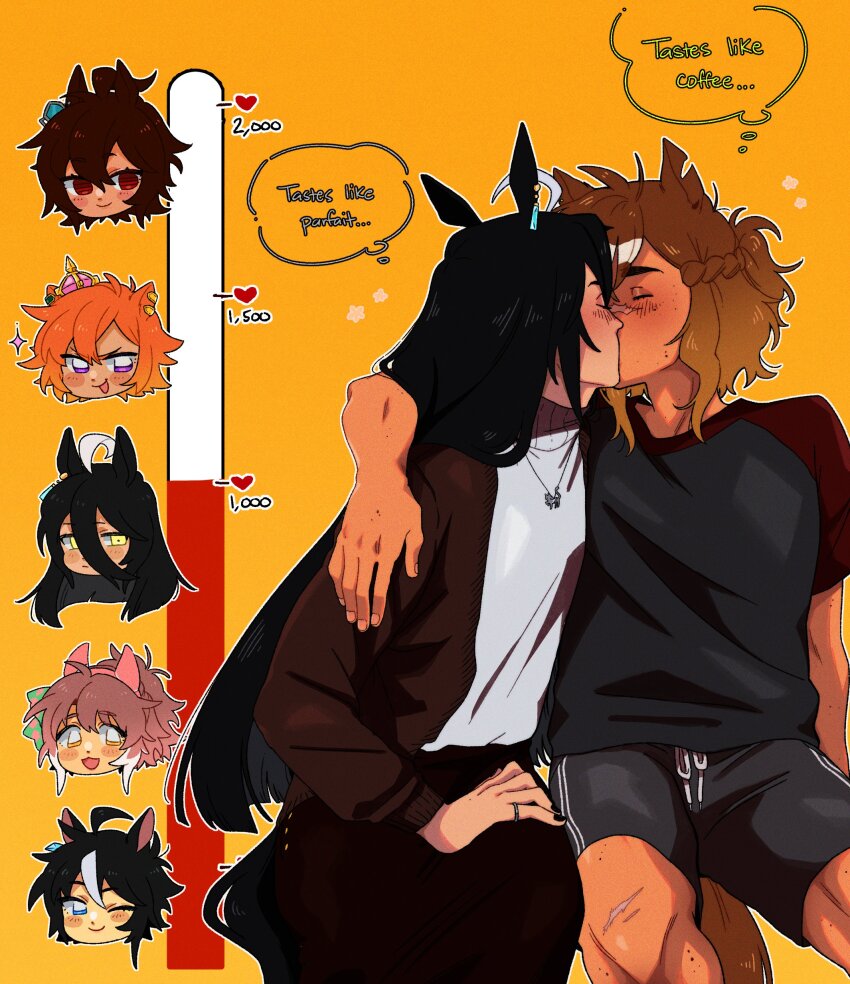 absurdres animal_ears arm_around_shoulder black_hair blush brown_hair closed_eyes earrings hair_between_eyes highres horse_ears horse_girl horse_tail jacket jewelry jungle_pocket_(champion&#039;s_battle_cry)_(umamusume) jungle_pocket_(umamusume) kiss kiss_meter_(meme) long_hair long_sleeves manhattan_cafe_(umamusume) medium_hair meme multiple_girls muscular muscular_female notched_ear raccrows scar scar_on_face shirt single_earring speech_bubble tail thought_bubble umamusume yellow_background yuri