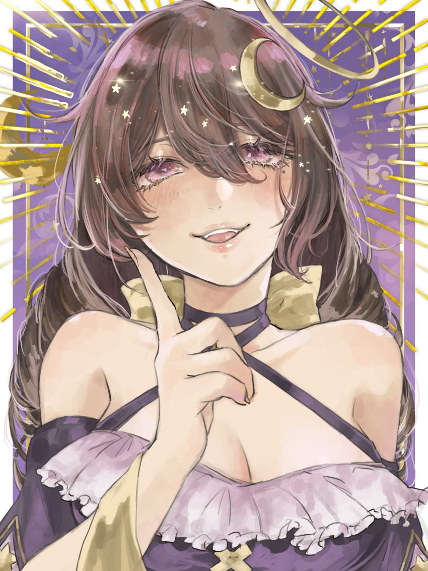 0kieri 1girl astricalex bad_link bare_shoulders border bow breasts brown_hair cleavage collarbone commission crescent crescent_hair_ornament criss-cross_halter drill_hair frilled_shirt frills gold_halo hair_between_eyes hair_ornament half-closed_eyes halterneck hand_up highres index_finger_raised indie_virtual_youtuber large_breasts light_blush long_hair looking_at_viewer mole mole_under_eye off-shoulder_shirt off_shoulder outside_border parted_lips purple_background purple_eyes purple_shirt second-party_source shirt skeb_commission smile solo teeth twin_drills upper_body upper_teeth_only virtual_youtuber white_border yellow_bow
