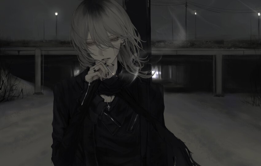 1girl absurdres bandage_on_face bandages black_nails black_shirt bridge cigarette gradient_hair grey_eyes grey_hair grey_sky hair_between_eyes highres holding holding_cigarette jewelry kiilil9 lamppost long_hair long_sleeves looking_to_the_side multicolored_hair multiple_rings necklace original parted_lips ring roots_(hair) shirt sky smoke smoke_trail smoking snow solo upper_body