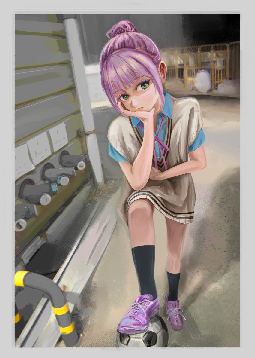 1girl :/ absurdres ball blue_shirt blunt_bangs boots border brown_sweater closed_mouth collared_shirt commentary cross-laced_shoes eyelashes frown full_body green_eyes hair_bun hand_on_own_cheek hand_on_own_face head_rest highres knee_boots kneehighs lips looking_at_viewer neck_ribbon official_alternate_costume official_alternate_hairstyle outdoors oversized_clothes pink_hair pink_ribbon pink_shoes ribbon shirt shoes short_hair short_sleeves sidelocks single_hair_bun sneakers soccer_ball socks solo standing sweater tanikaze_amane tenshi_souzou_re-boot! tsurime westgon white_border