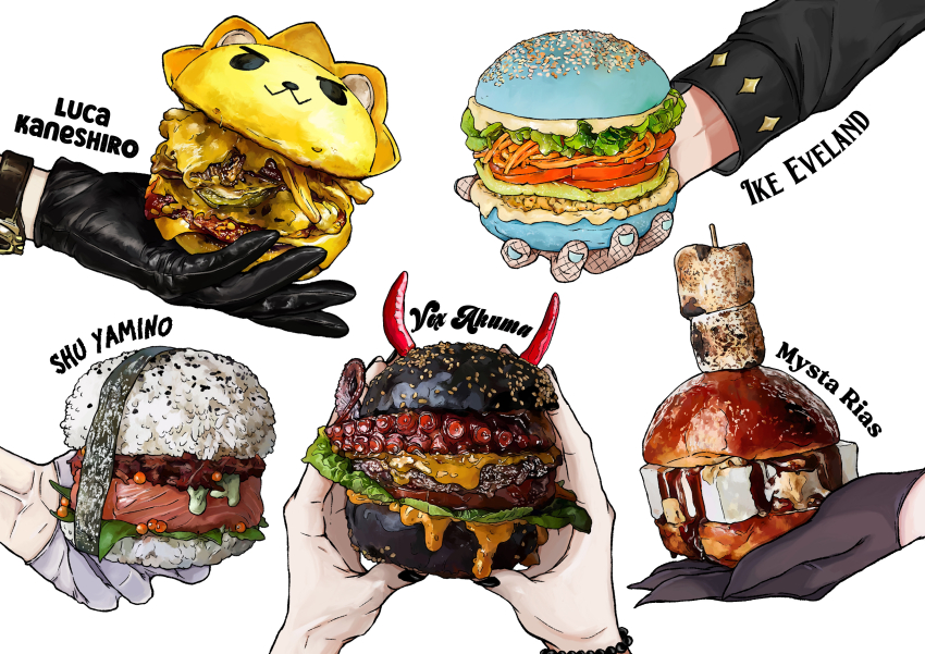 5boys absurdres bead_bracelet beads black_gloves black_nails black_sleeves bracelet bread burger character_name cheese fish_(food) fishnet_gloves fishnets food gloves highres holding holding_burger holding_food ike_eveland ikura_(food) jewelry kurihashi_mimi leather leather_gloves lettuce long_sleeves luca_kaneshiro luxiem marshmallow meat multiple_boys mysta_rias nijisanji nijisanji_en octopus rice sauce shu_yamino simple_background syrup tomato tomato_slice virtual_youtuber vox_akuma watch white_background white_gloves wristwatch