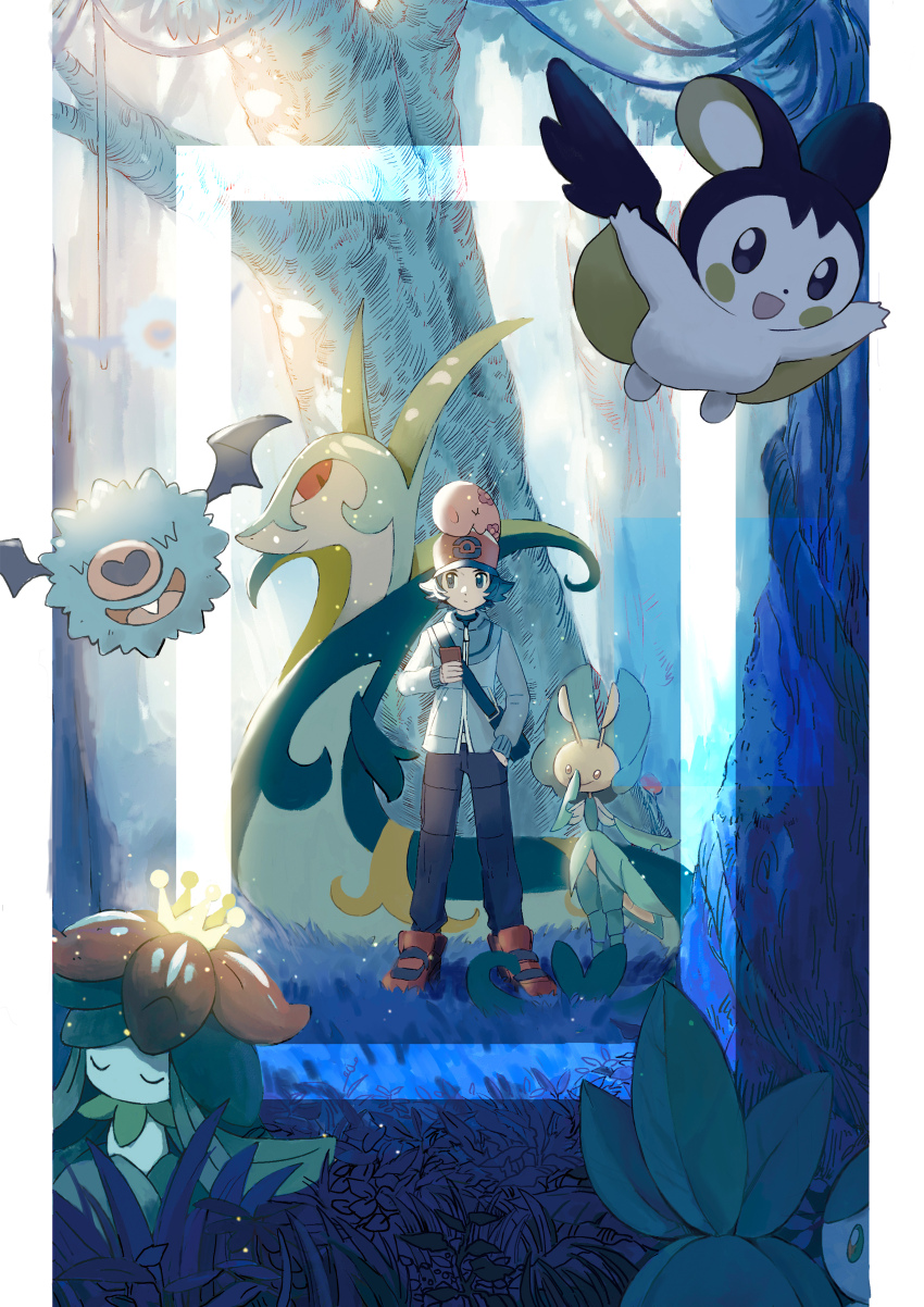 1boy :/ absurdres black_bag black_eyes black_hair black_pants blue_jacket blueock closed_mouth creature_on_head emolga flat_cap forest gen_5_pokemon grass hand_in_pocket hat highres hilbert_(pokemon) holding holding_phone jacket leavanny lilligant long_sleeves munna nature nintendo outdoors pants petilil phone pokemon pokemon_(creature) pokemon_bw red_footwear red_headwear serperior shoes short_hair sideways_glance tree wide_shot woobat