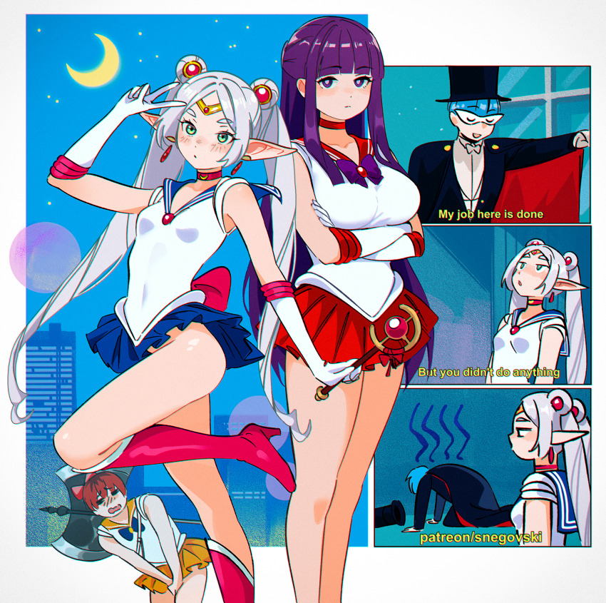 2boys 2girls alternate_costume bishoujo_senshi_sailor_moon blush breasts closed_mouth cosplay crescent crescent_moon crossed_arms english_text fern_(sousou_no_frieren) frieren green_eyes highres himmel_(sousou_no_frieren) large_breasts moon multiple_boys multiple_girls multiple_views night night_sky pointy_ears purple_eyes purple_hair sailor_mars sailor_mars_(cosplay) sailor_moon sailor_moon_(cosplay) sailor_venus sailor_venus_(cosplay) sky small_breasts snegovski sousou_no_frieren standing star_(sky) stark_(sousou_no_frieren) starry_sky tuxedo_kamen tuxedo_kamen_(cosplay) twintails white_hair