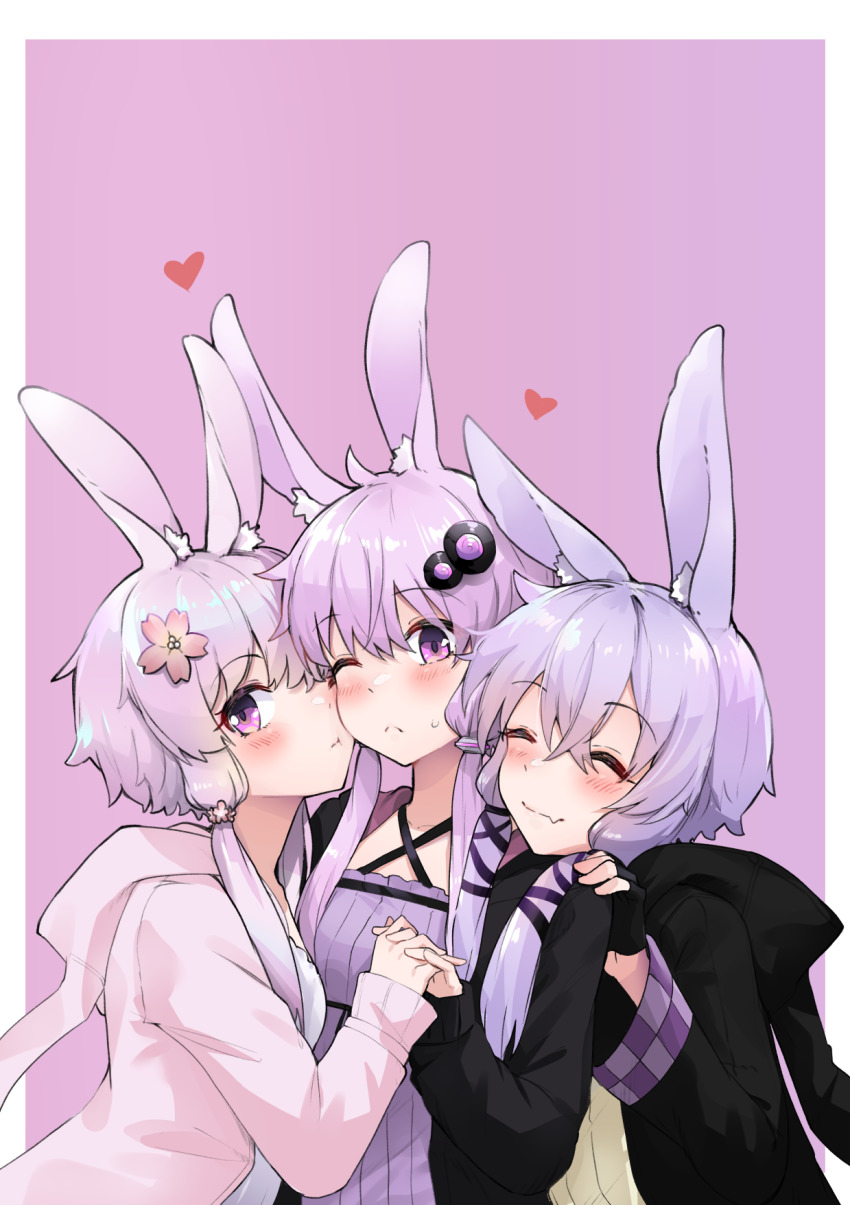 3girls animal_ear_fluff animal_ears animal_hood blush cheek-to-cheek closed_eyes criss-cross_halter dress fang flower hair_flower hair_ornament halter_dress halterneck hand_on_another&#039;s_shoulder head_on_another&#039;s_shoulder heads_together heart highres holding_hands hood hoodie interlocked_fingers long_sleeves multiple_girls multiple_persona pink_hoodie purple_eyes purple_hair rabbit_ears rabbit_hood short_hair_with_long_locks skin_fang smile upper_body vocaloid voiceroid yuri yuzuki_yukari yuzuki_yukari_(lin) yuzuki_yukari_(onn) zooanime